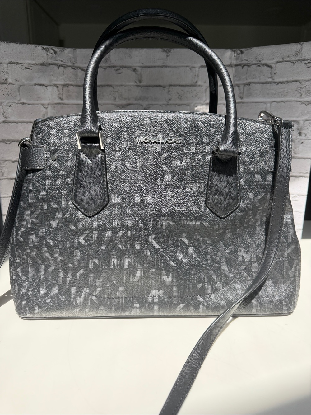 Michael Kors Gray MK Logo Satchel with Shoulder Strap